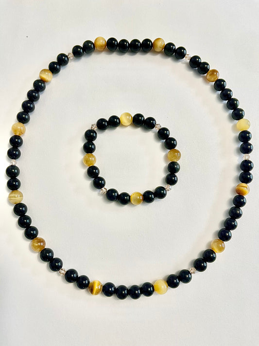 Black obsidian/ yellow Tigers eye necklace and bracelet