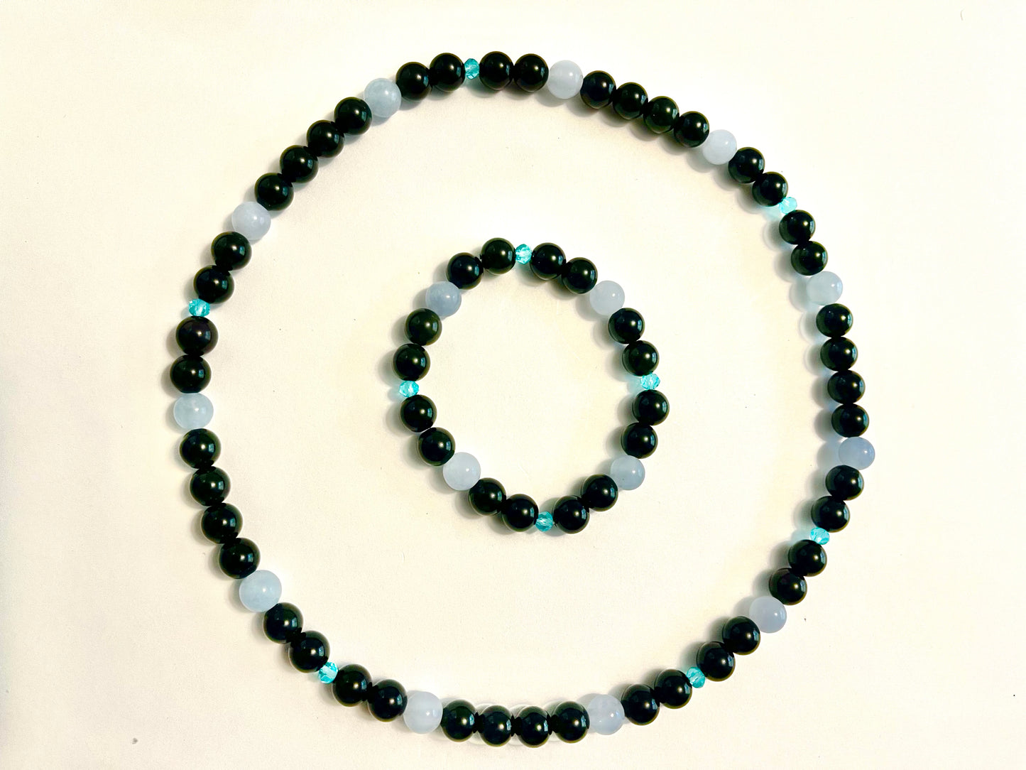 Black obsidian/Aquamarine necklace and bracelet set