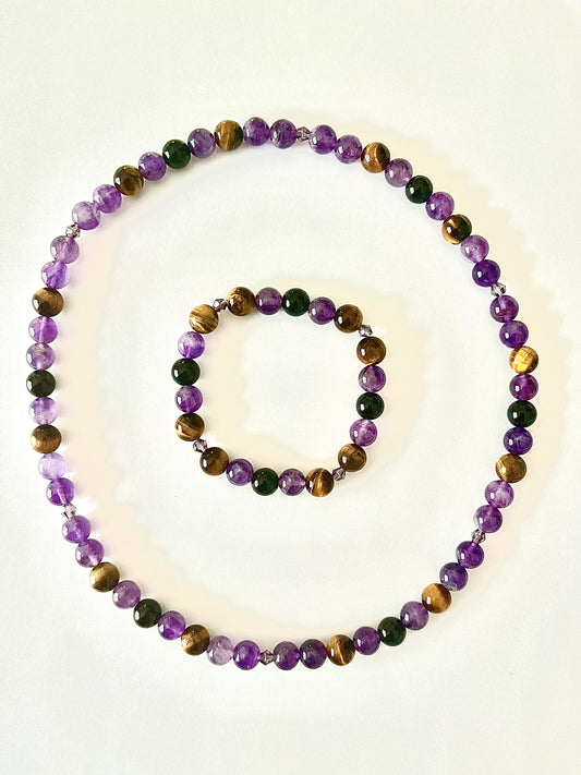 Amethyst/ tigers eye / black obsidian necklace and bracelet set